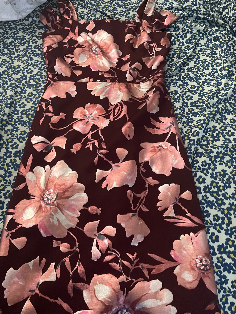 Floral Burgundy Midi Dress with Pink Bloom Print